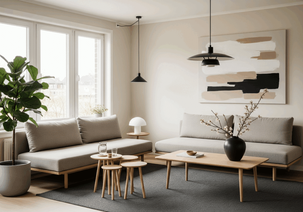 Helles Japandi-Wohnzimmer mit klaren Linien: neutrale Sofas in Beige, helle Holzmöbel, dezente Wandkunst, große Fenster und natürliche Akzente wie Zimmerpflanzen und Kirschblütenzweige.