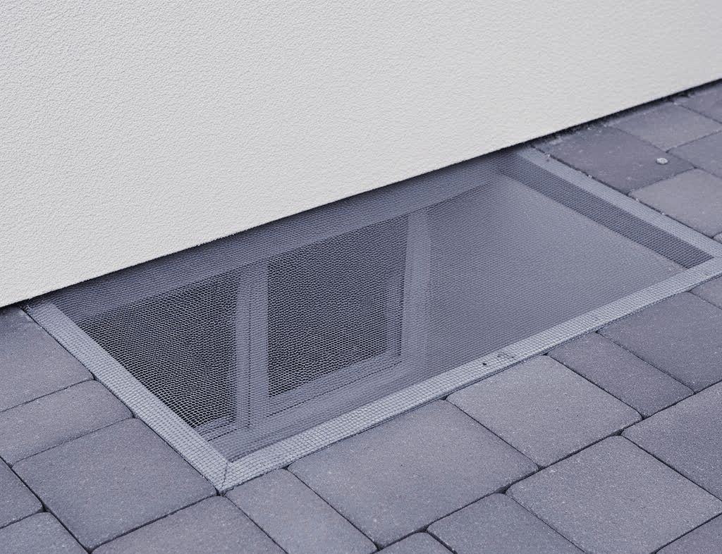 Eine Lichtschacht mit Insektenschutzgitter umzogen am Haus 