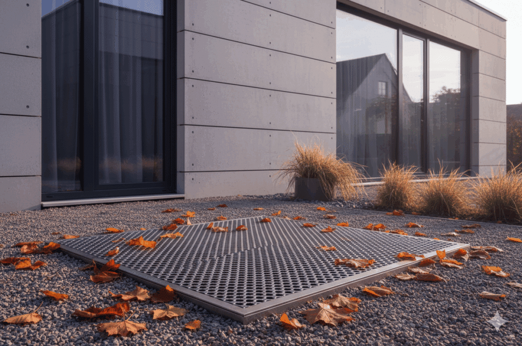Ein Lichtschacht vor einem Modernen Haus im Herbst