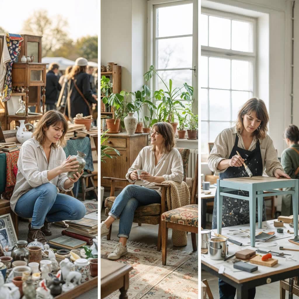 Dreiteilige Szene: Eine Person entdeckt auf dem Flohmarkt eine Vase, sitzt zu Hause im Wohnzimmer und bemalt später in einem Workshop einen Stuhl – kreative Upcycling-Geschichte.