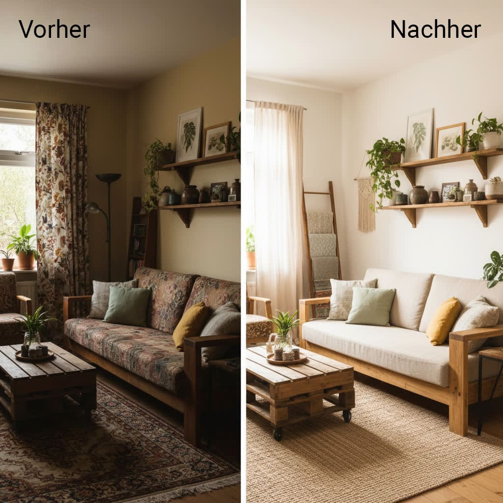 Wohnzimmer im Vorher-Nachher-Vergleich: links dunkler Raum mit alten Möbeln, rechts heller, modernisierter Raum mit recyceltem Holz und Pflanzen.