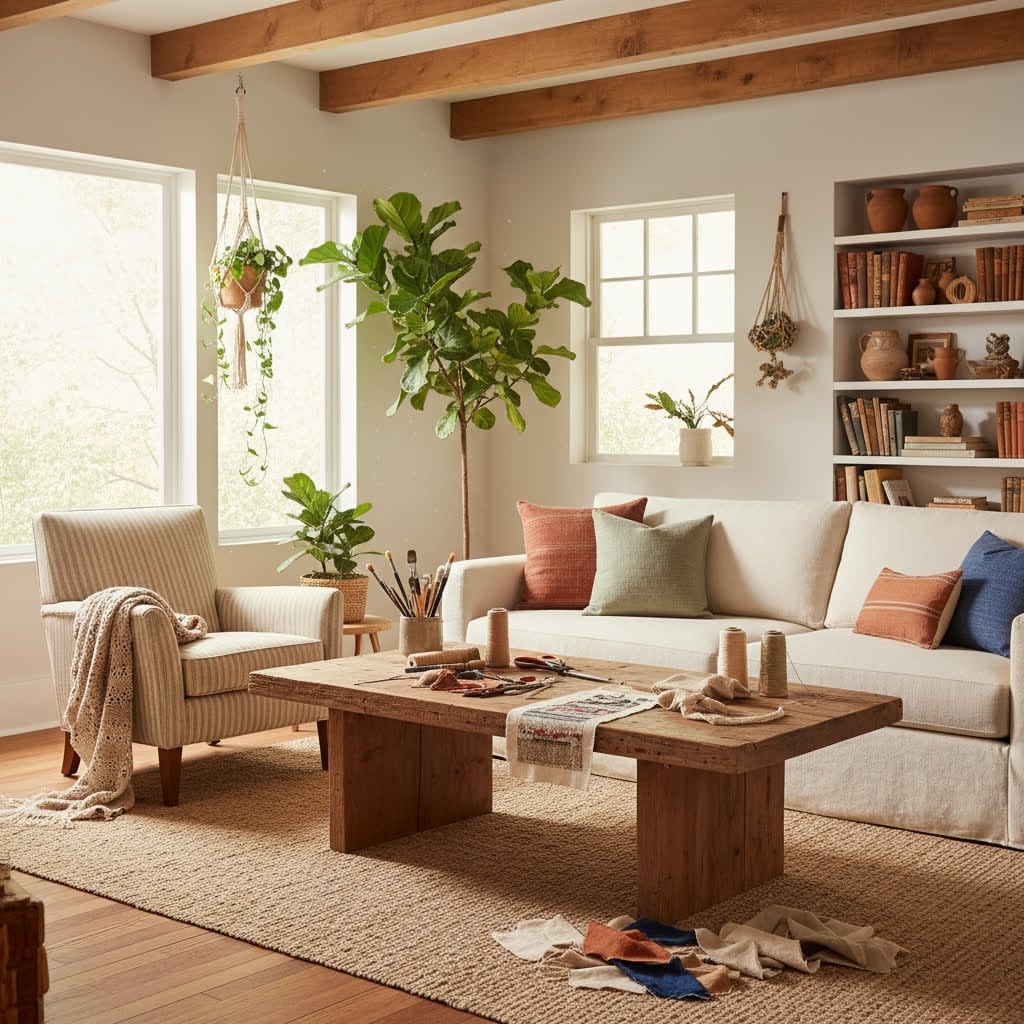 Gemütliches Wohnzimmer mit Sofa, Holztisch und Pflanzen. Auf dem Tisch liegen Stoffreste und Werkzeuge – eine natürliche Einrichtung im nachhaltigen Upcycling-Stil.